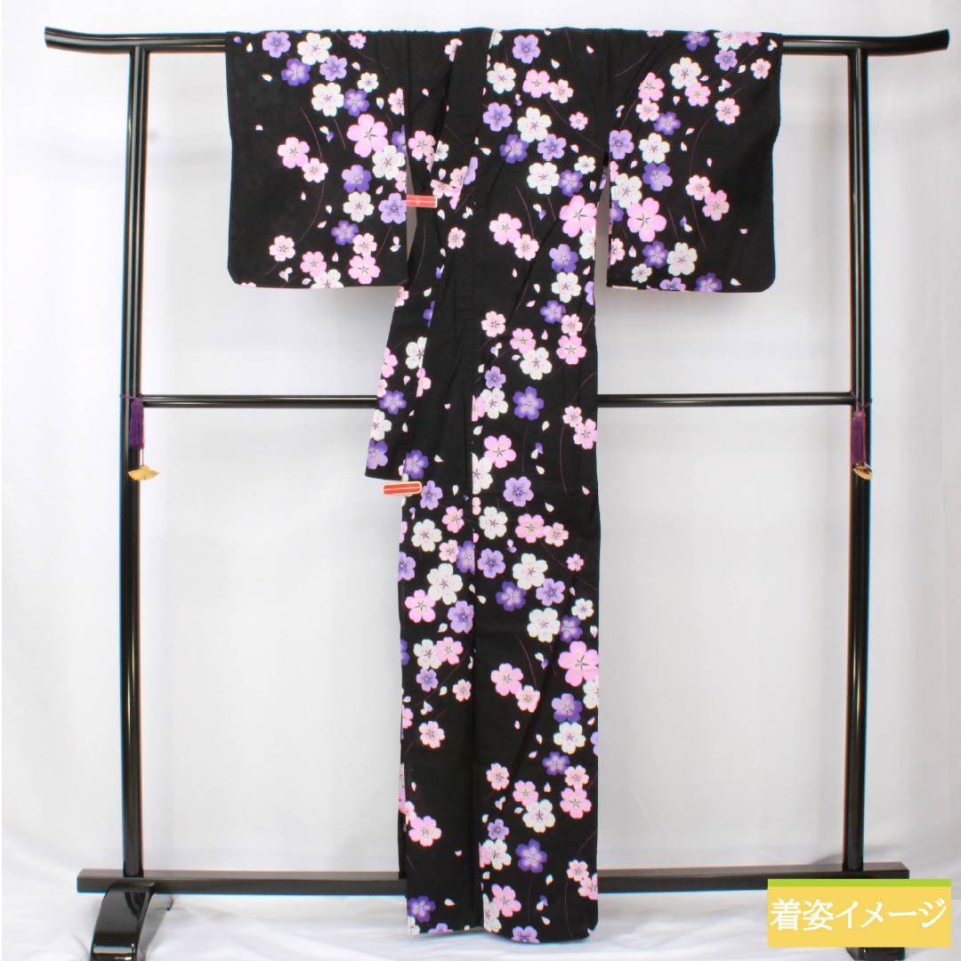 Cotton Yukata, Length 166.5cm, Sleeve Length 62.5cm, S Rank, Single Layer, Black, Cherry Blossom Design, 1118005932510