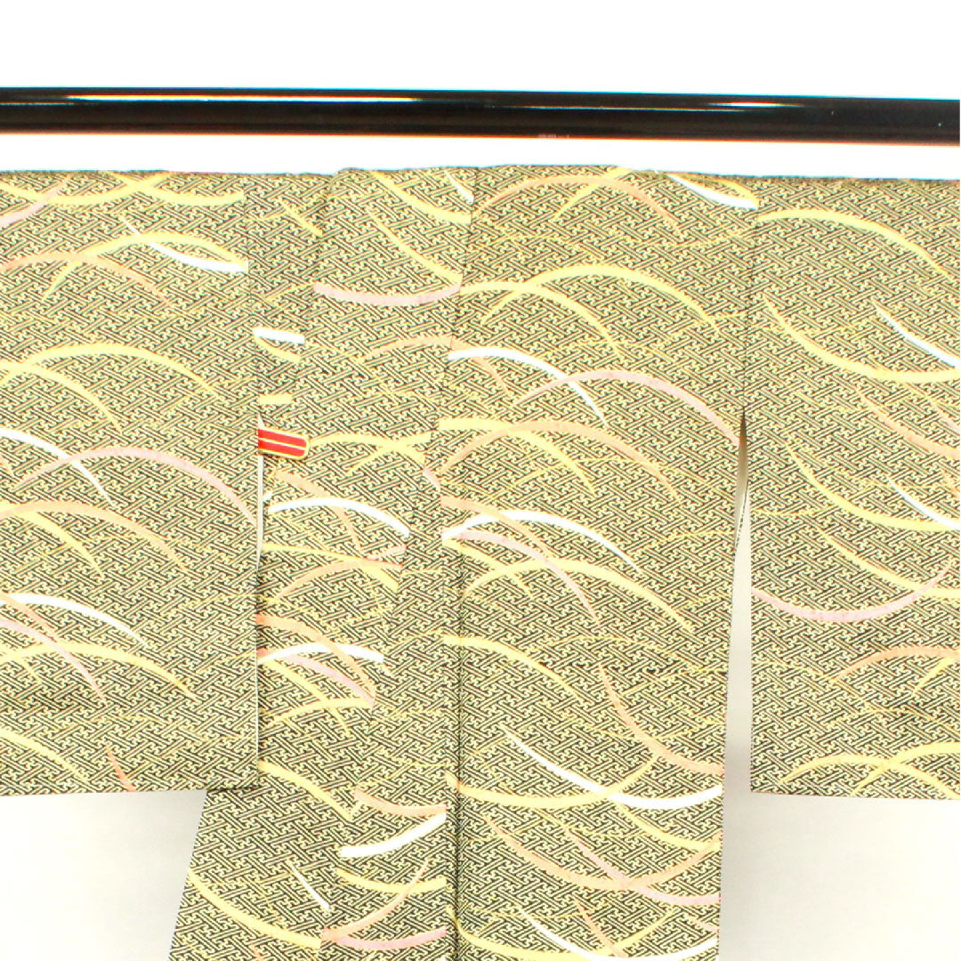 小紋 身丈156.5cm 裄丈61.5cm 袷 紗綾形 芝草 正絹 Aランク 黒系 1115002683310