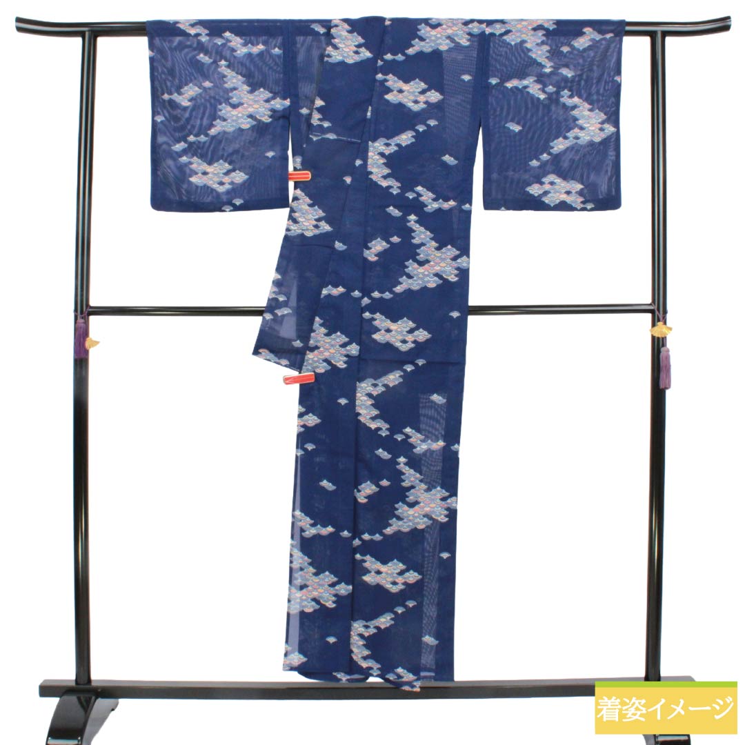 夏物 ポリエステル 小紋 Sランク 身丈152.5cm 裄丈64cm 紺桔梗色(こんききょういろ) 洗える着物 青海波 絽 紺系 1132007082218