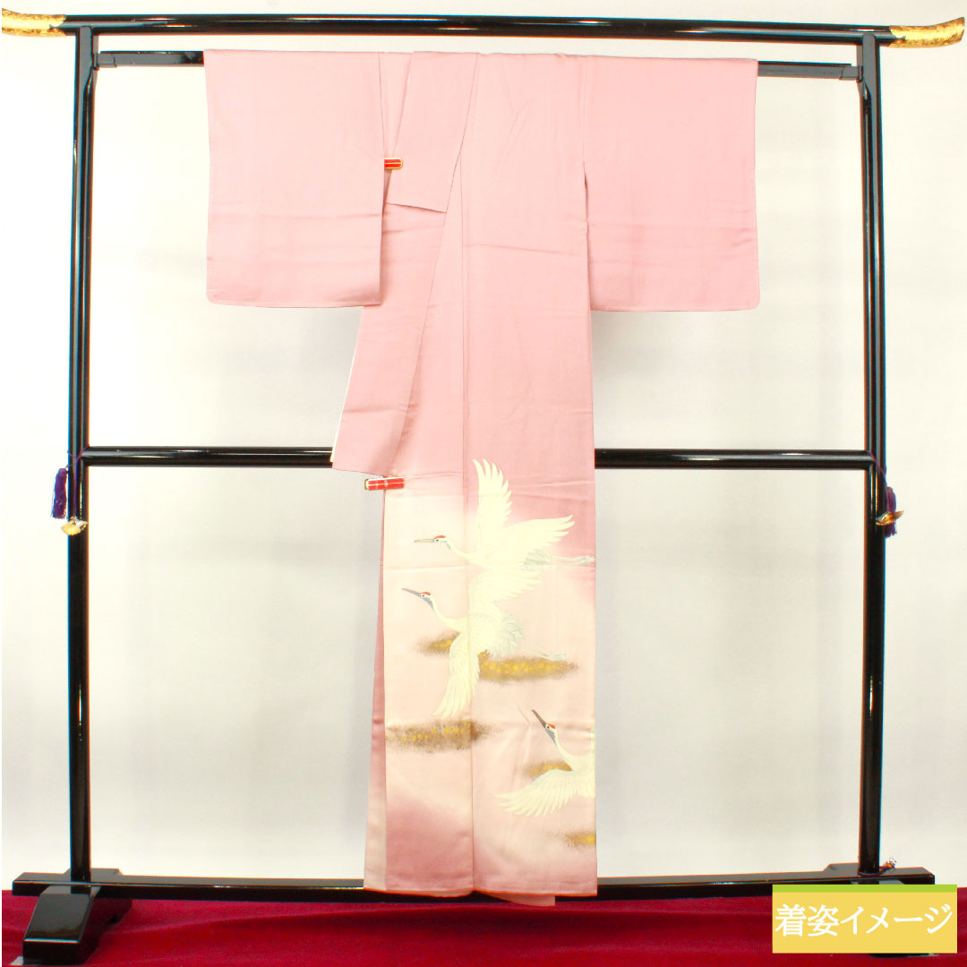 彩色留袖、纯丝、长度 154.5 厘米、袖长 62.5 厘米、衬里、淡红色、京友禅、仙鹤、三个徽章、不同的鹰羽、S 级、三个徽章、粉红色、1111001232213
