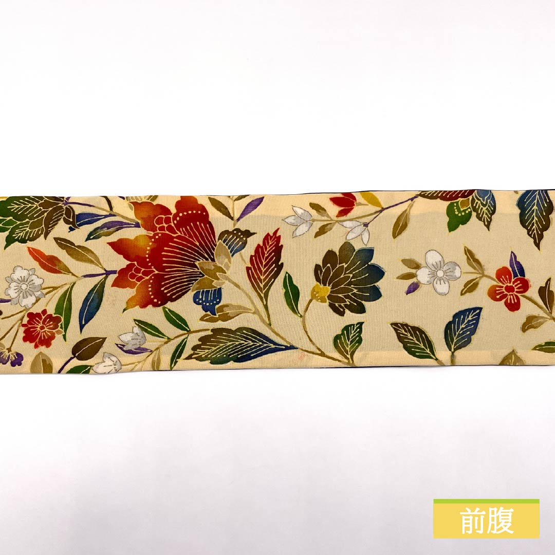 名古屋帯 尾花色(おばないろ) 染め帯 創作帯 花模様 帯丈421cm 正絹 Bランク 全通 カジュアル クリーム系 1124008154415 名古屋仕立て