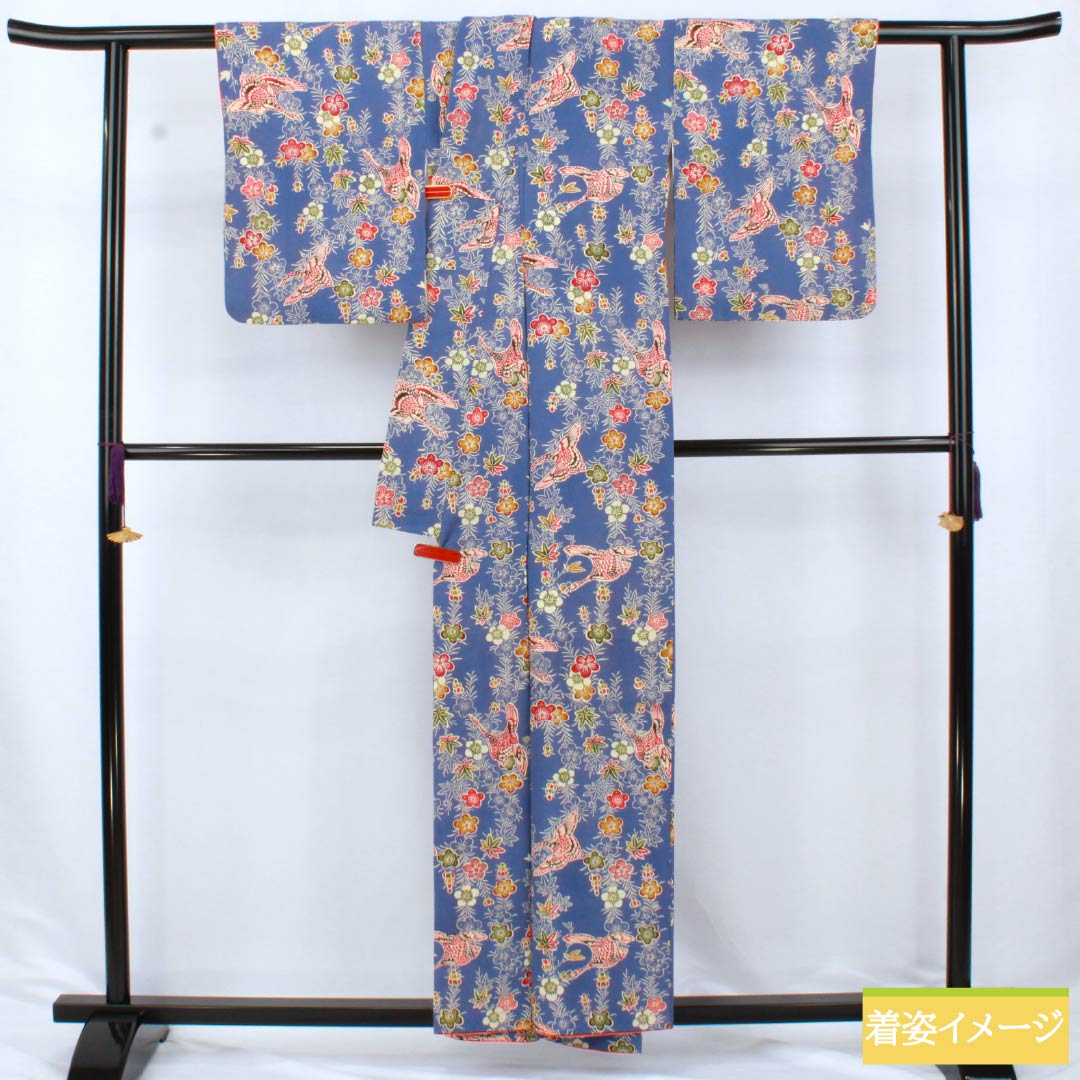 小紋 正絹 Aランク 身丈155.5cm 裄丈63.5cm 袷 紺藤色(こんふじいろ) 型染 鶴 梅 青系 1115006863317