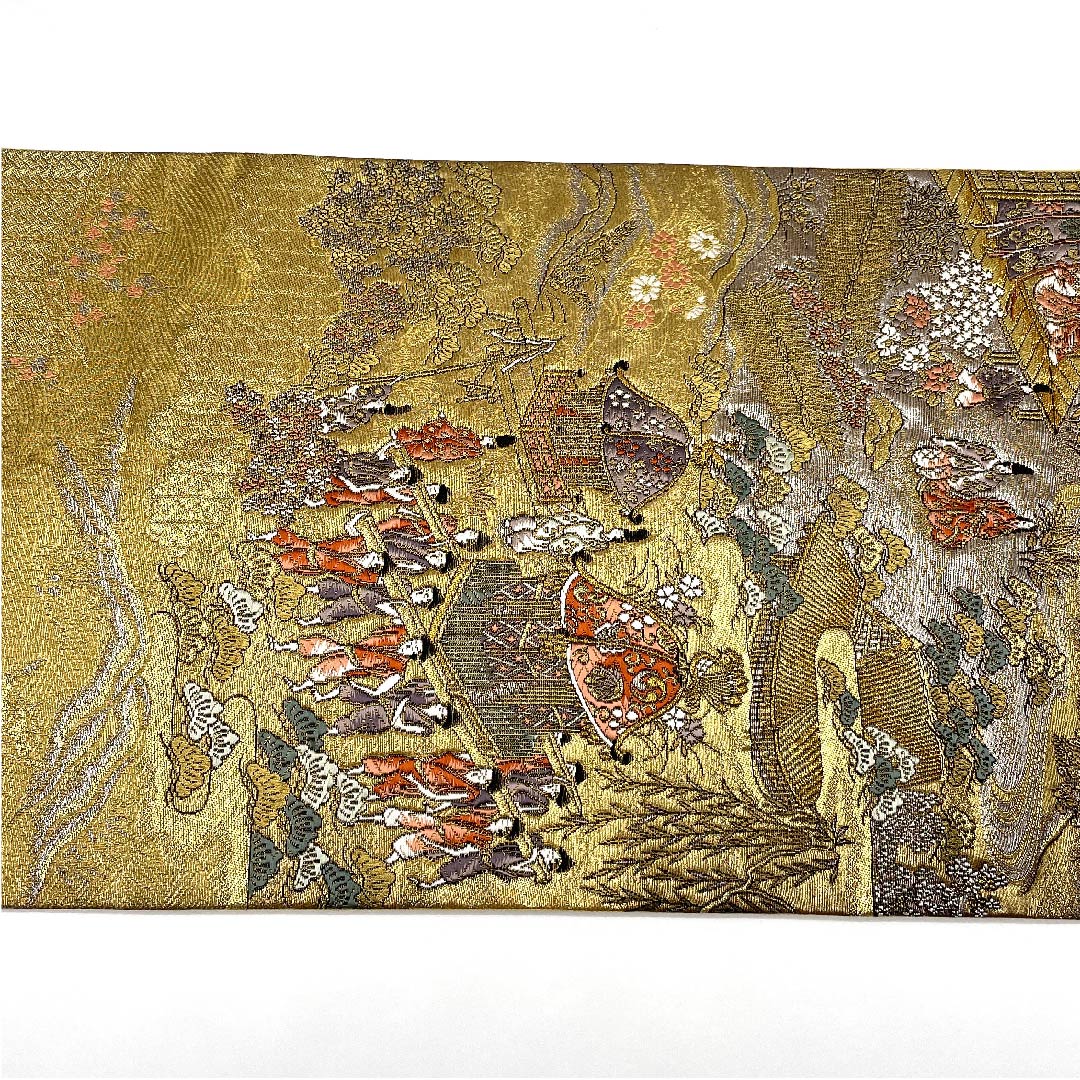 袋帯 金色 時代人物 時代風景 花模様 帯丈432cm 正絹 Aランク 六通 フォーマル 金系 1123006053321