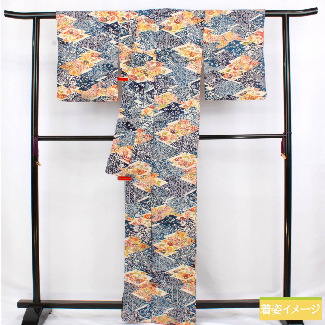 Komon (small pattern) kimono, pure silk, length 165cm, sleeve length 63cm, lined, navy blue (kon-iro) and Berlin blue (berensu-iro), stencil dyeing, Shosoin pattern, A rank, blue, 1115006203517
