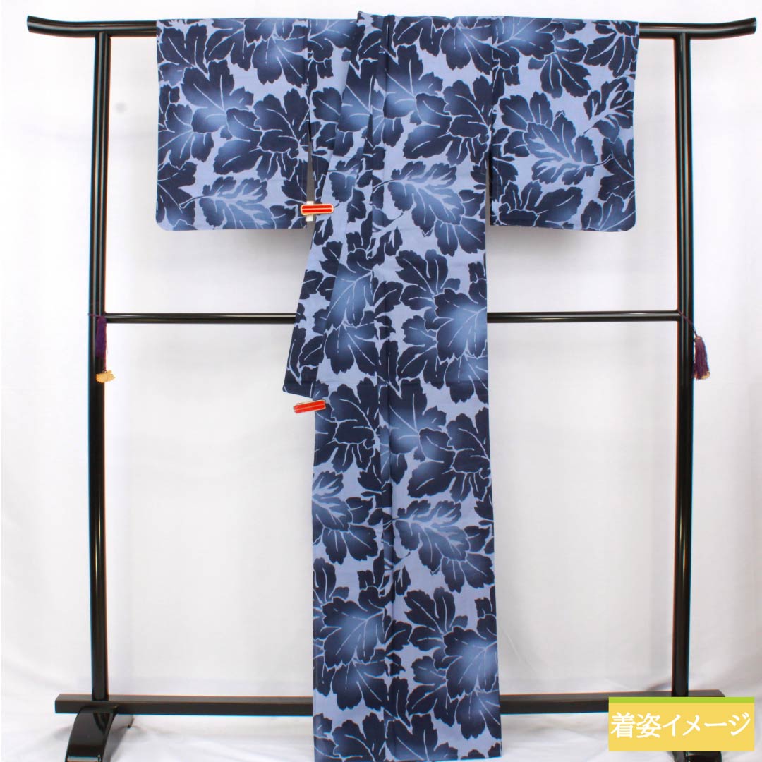 浴衣 木綿 身丈166cm 裄丈67cm Sランク 単衣 青系 青藤色(あおふじいろ) 葉っぱ模様 1118006612517