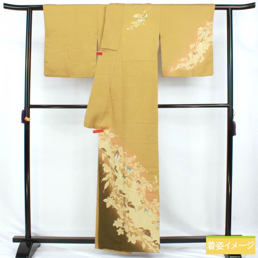 Homongi Silk S-rank Awa Length 159cm Sleeve-to-shoulder 67cm Umeya Shibuiro (Plum & Astringent Color) Tsukesage Kyo-Yuzen Makiro Chirimen Artisan piece Floral Yellow 1112007652323