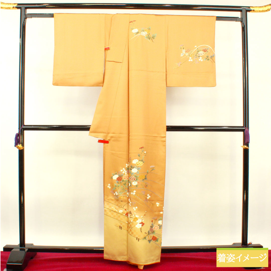 Homongi (formal kimono) Length 163cm Sleeve length 66cm Loquat brown Kyo-Yuzen Floral pattern Pure silk S rank Brown 1112003912414