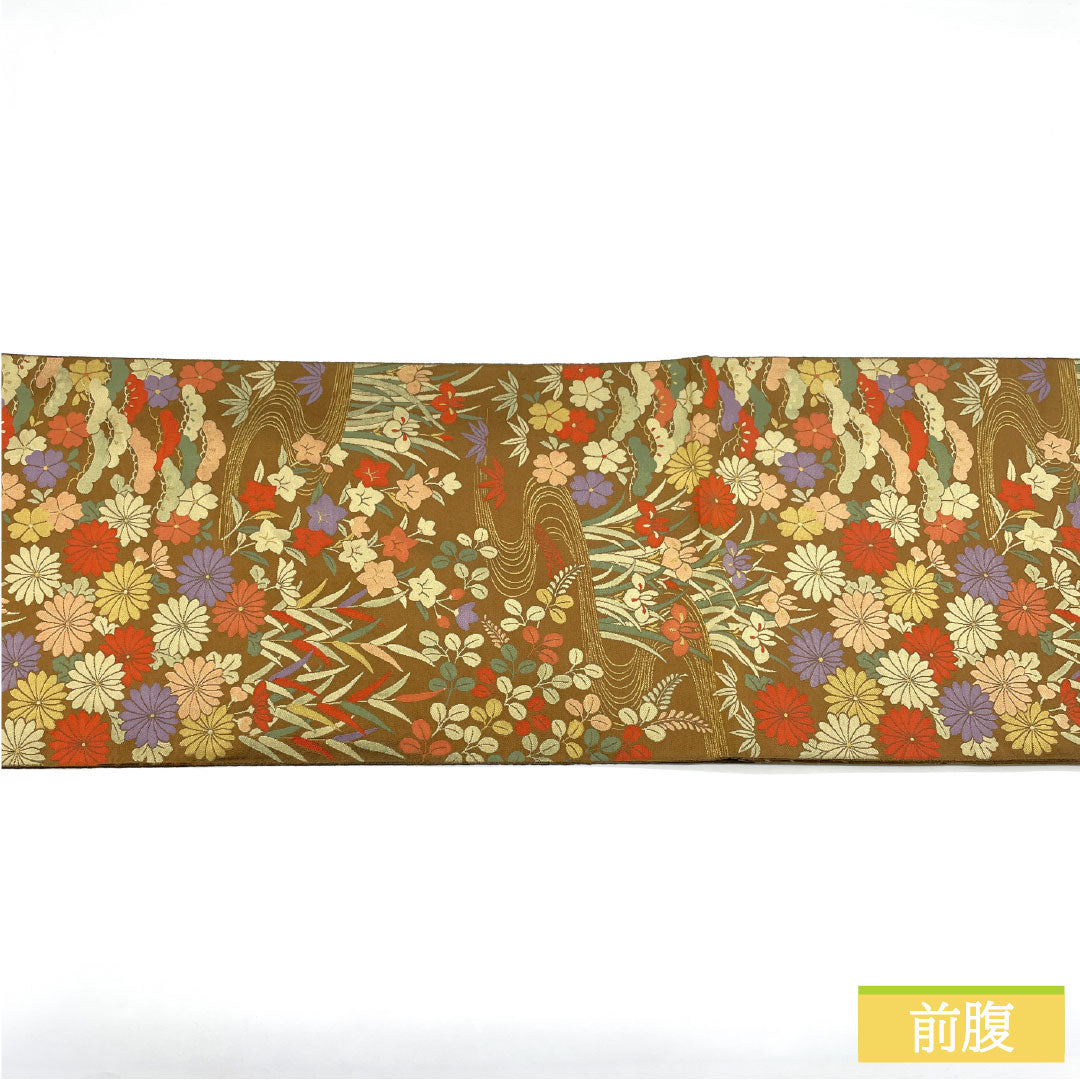 袋帯 正絹 Aランク 紹巴織 流水 草花模様 帯丈432cm 六通 セミフォーマル 茶系 1123016743314