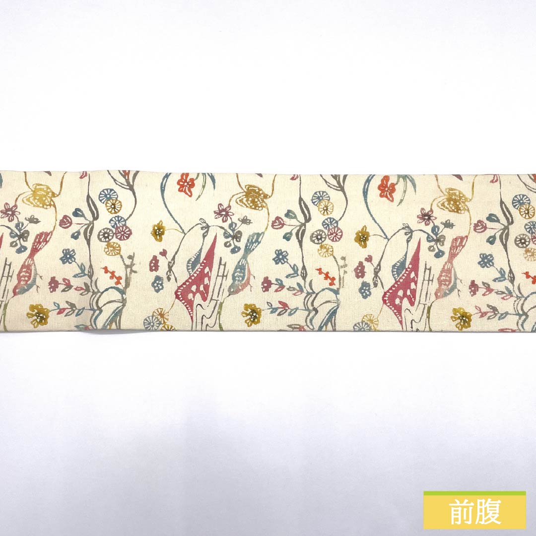 Nagoya Obi, Pure Silk, Grade A, Off-White, Kyoto Bingata Floral Pattern, Toyama, 340cm Long, Full Length, Casual, Cream, Product Number: 1124009233315, Nagoya Style