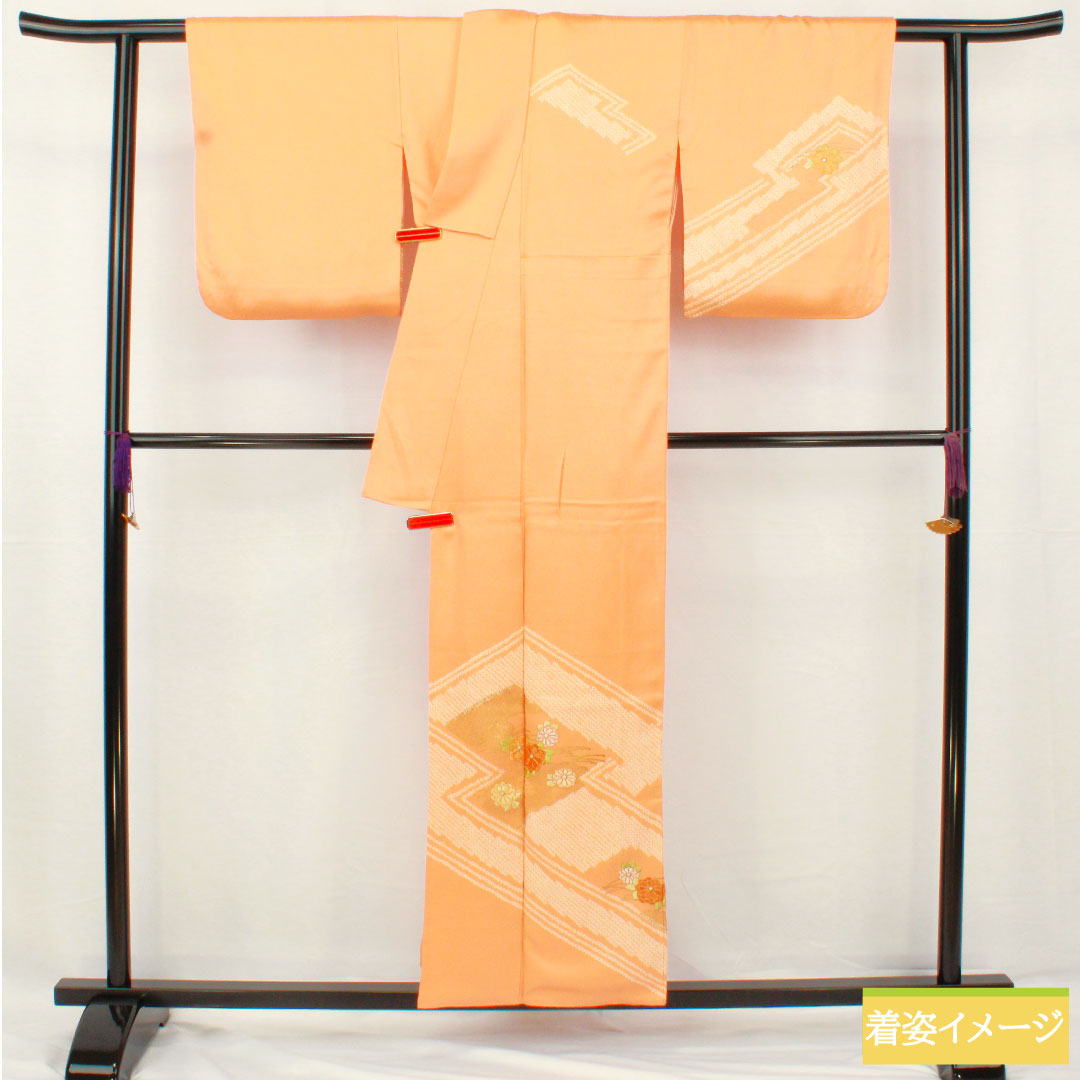 Homongi, pure silk, lined, length 154cm, sleeve length 64cm, vermilion, partially tie-dyed, partially embroidered, chrysanthemum, A rank, orange, 1112005403226