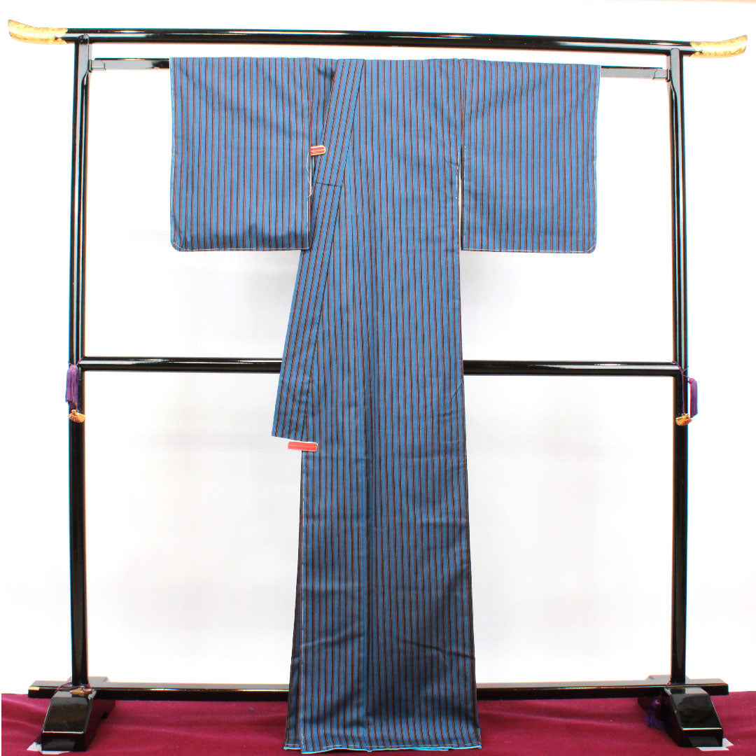 紬 身丈171cm 裄丈66.5cm 紺藤色 洗える着物 縞 しつけ糸付き 未使用品 ポリエステル Sランク 袷 青系 1116002742617