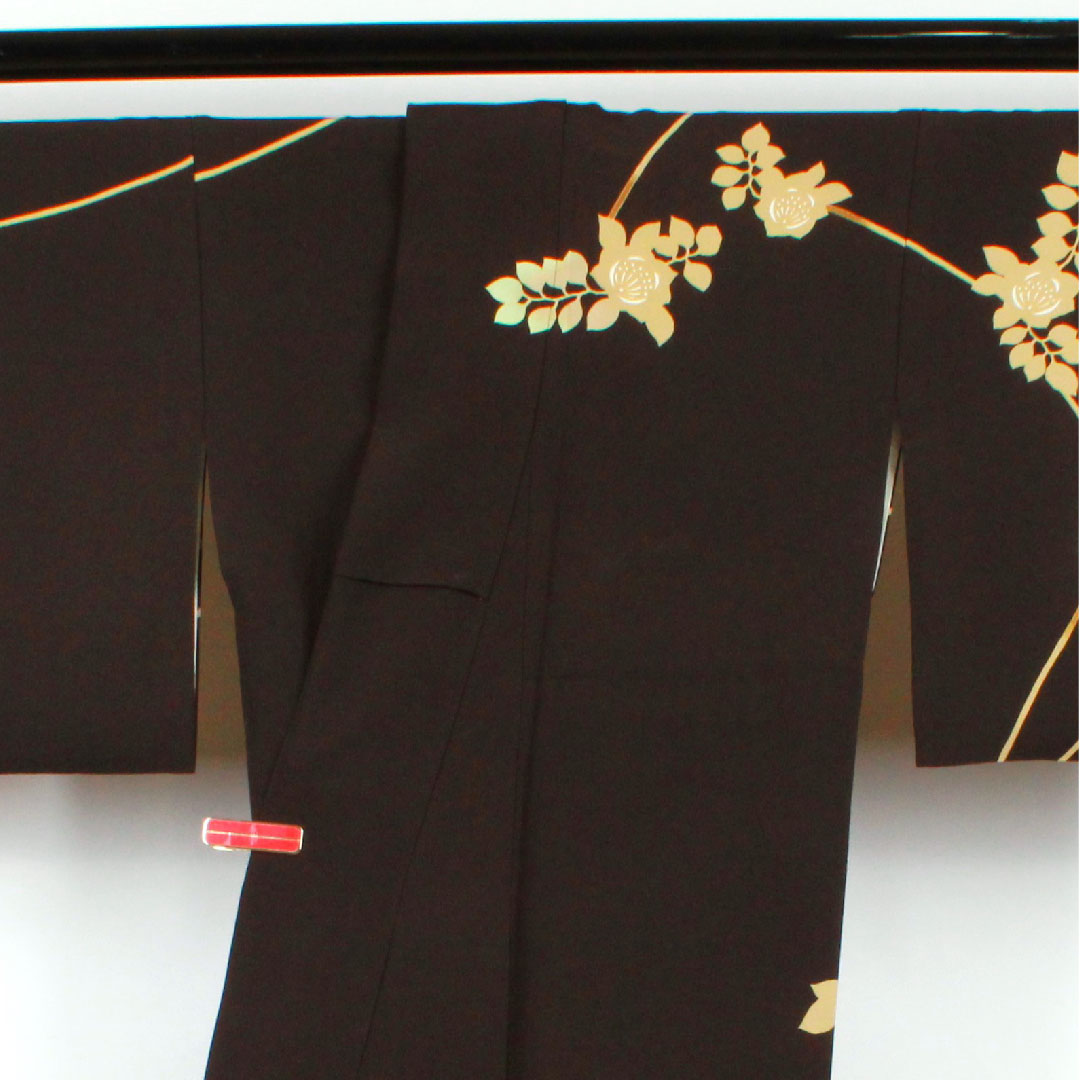 訪問着 袷 身丈161cm 裄丈70cm 黒鼠色 手描き友禅 草花模様 正絹 Sランク 黒系 1112001762410