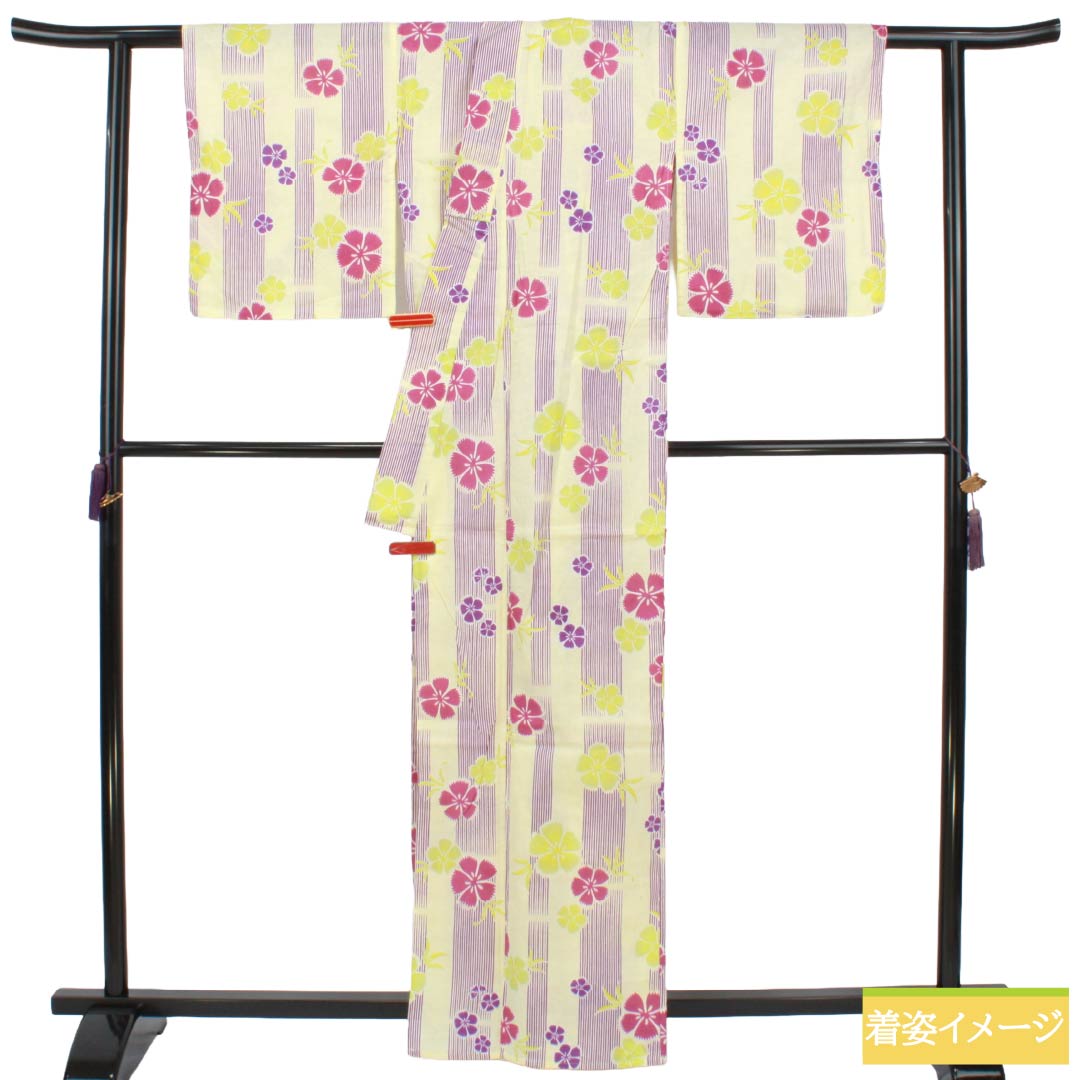 浴衣 木綿 Sランク 身丈162cm 裄丈65.5cm 淡黄蘗色(うすきはだいろ) 縞 秋桜 型染 単衣 黄系 1118007022423