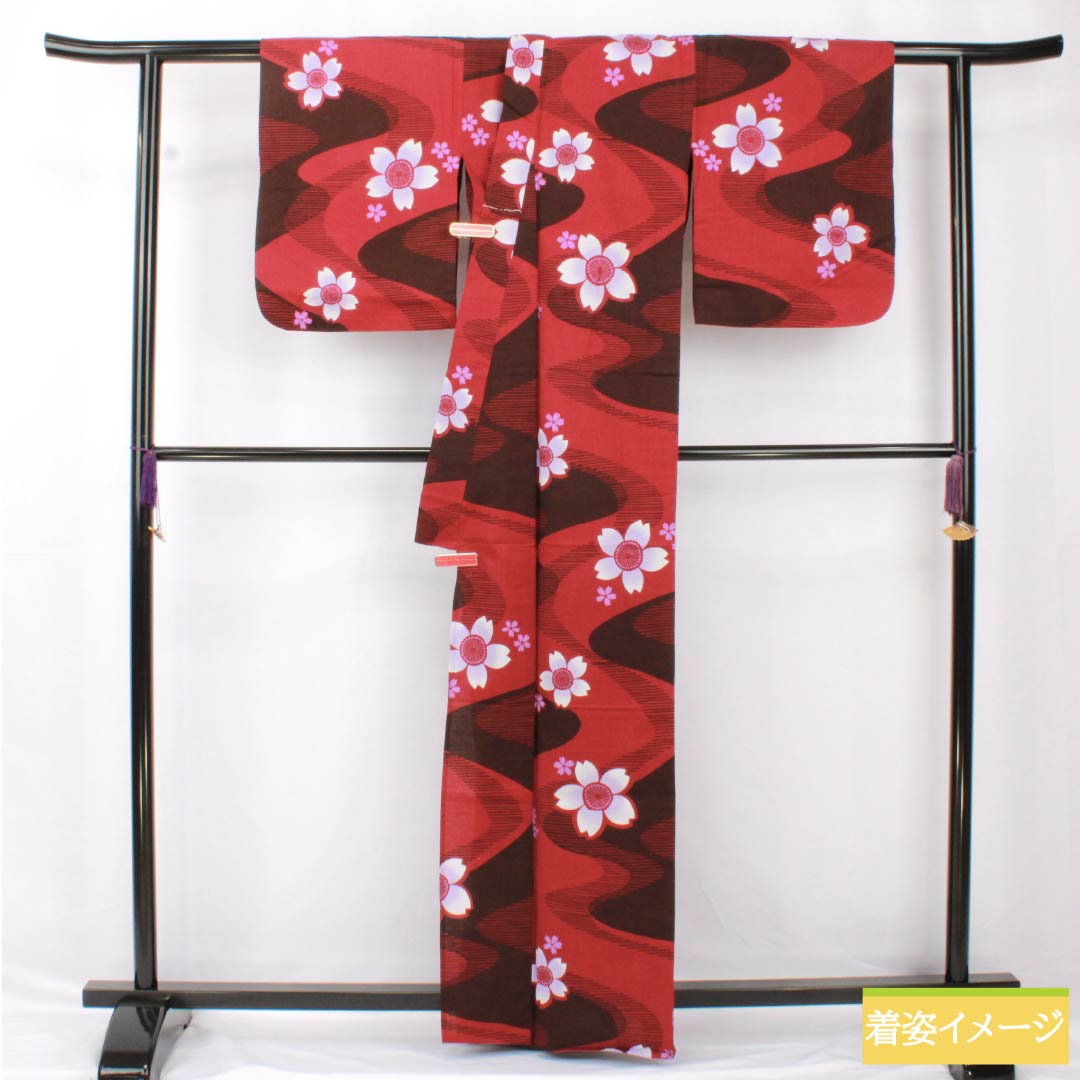 浴衣 木綿 身丈164cm 裄丈65cm Sランク 単衣 赤系 真紅色(しんくいろ) 流水 桜 1118005292412