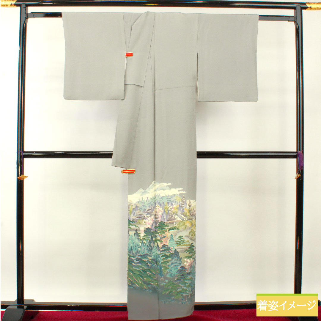 彩色留袖、纯丝、长度 157 厘米、袖长 63.5 厘米、衬里、锡色、风景图案、三个徽章、常春藤、艺术家的作品、飞騨高山、珍珠色调、A 等级、灰色、1111001363322
