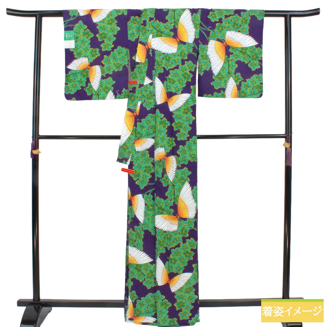 浴衣 木綿 Sランク 身丈165.5cm 裄丈67cm 緋紺色(ひこんいろ) 蝶 草花模様 単衣 紫系 1118007152520