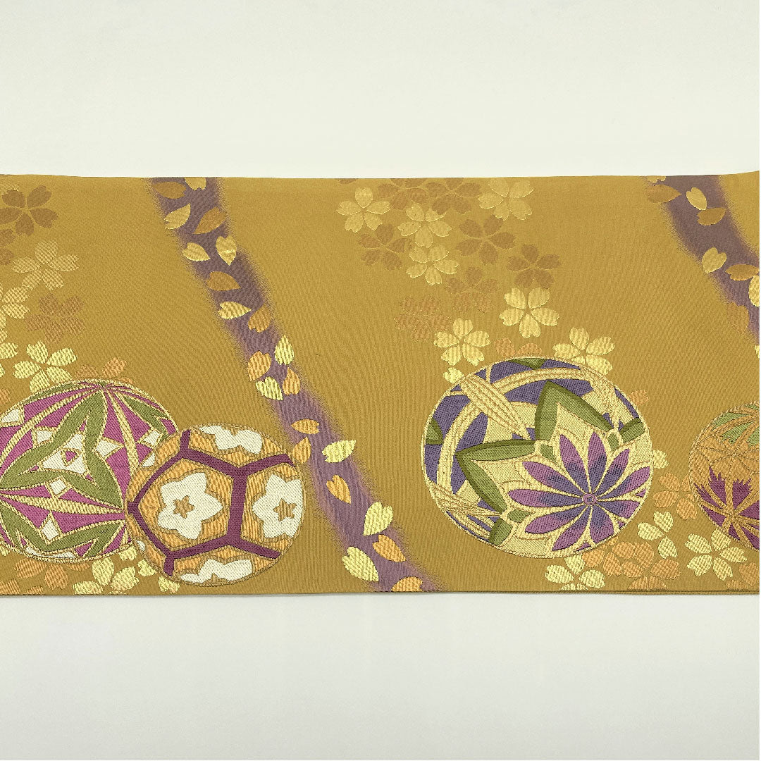 袋帯 桑染色(くわぞめいろ) 振袖用 桜 毬 帯丈444cm 正絹 Aランク 六通 フォーマル 金系 1123005183321