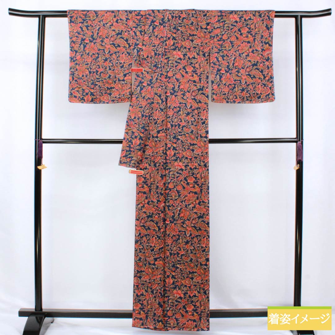 小紋 正絹 Sランク 身丈161cm 裄丈62.5cm 袷 鉄蒲萄色(てつぶどういろ) 更紗 しつけ糸付き 紺系 1115007142418