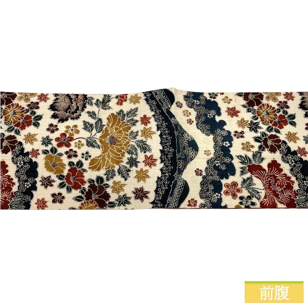 名古屋帯 正絹 Sランク 開き仕立て 練色(ねりいろ) 型染 草花模様 花柄 帯丈372cm 全通 カジュアル クリーム系 1124012172315