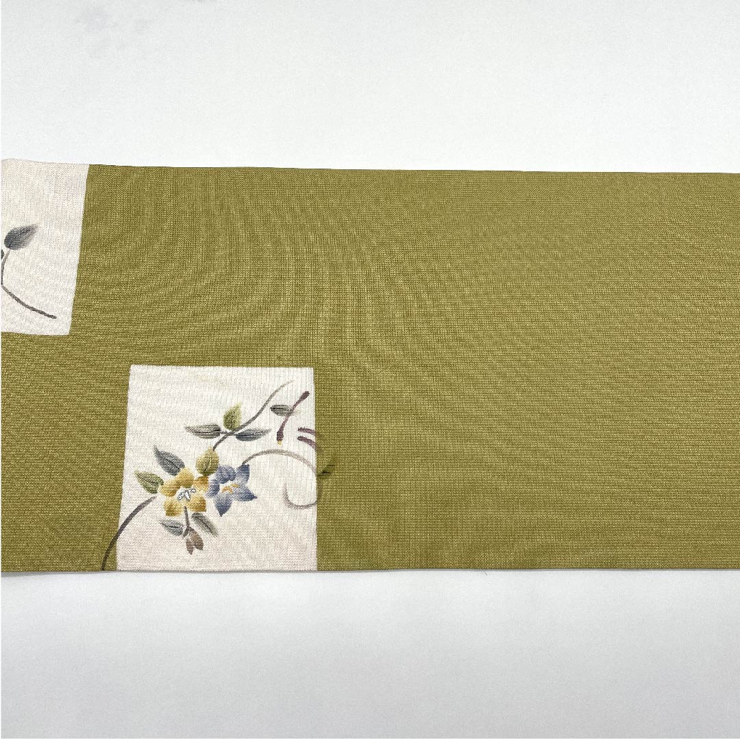 袋帯 梨子色(なしいろ) とんぼ 桔梗 染め帯 帯丈456cm 正絹 Aランク ポイント柄 カジュアル 緑系 1123008863419