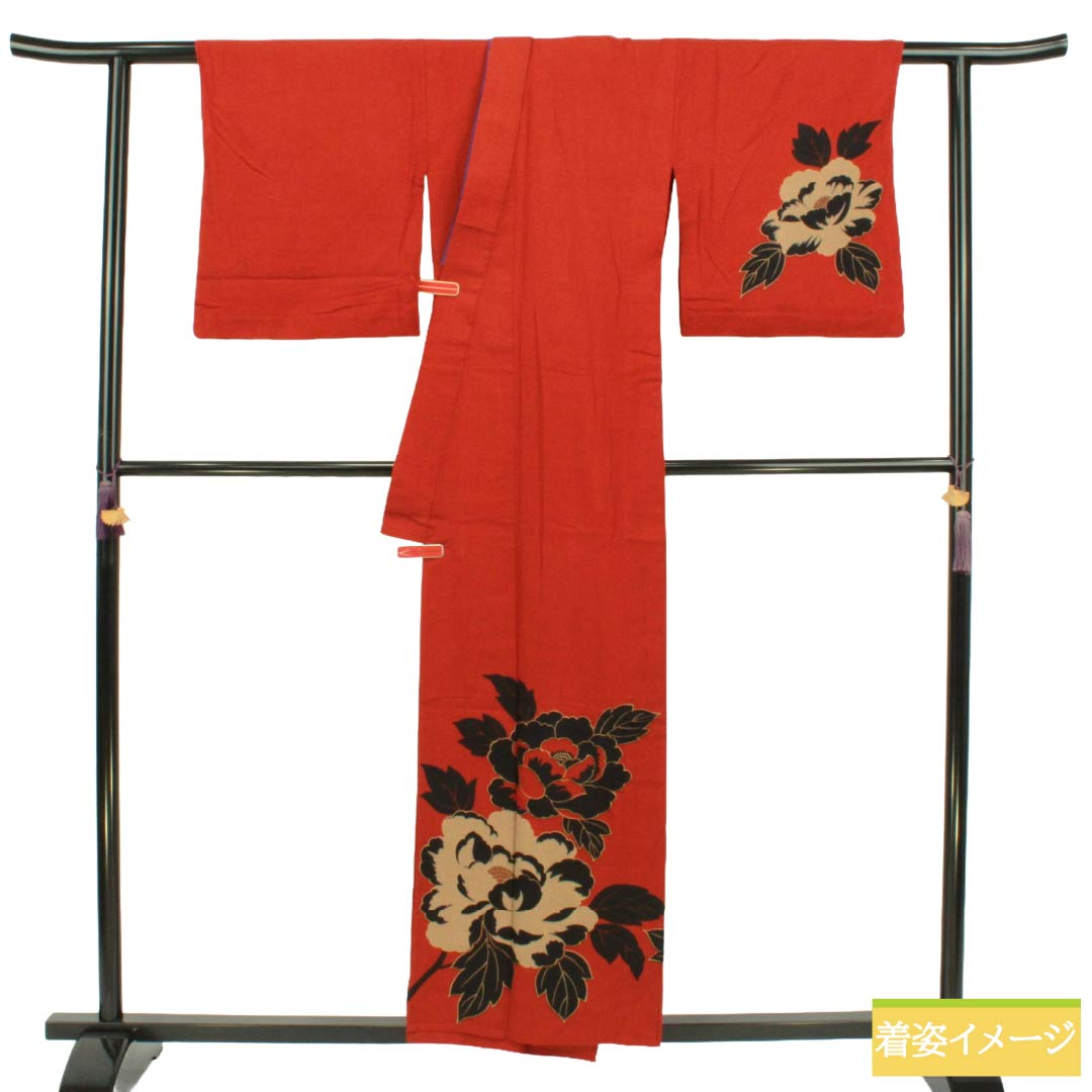 浴衣 木綿 Sランク 身丈157cm 裄丈68cm 紅絹色(もみいろ) コシノジュンコ 蚊絣 牡丹 単衣 赤系 1118007352312
