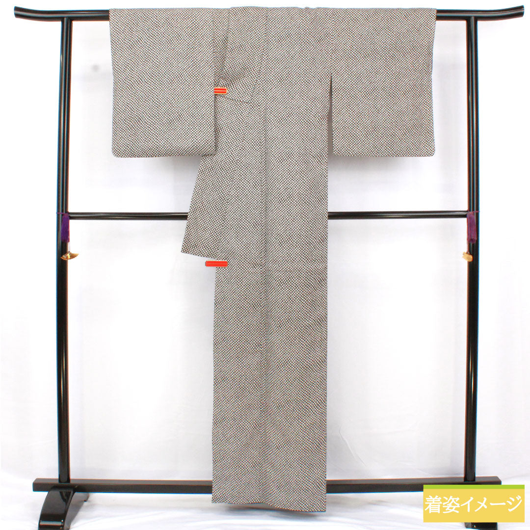 小紋 ポリエステル 身丈161.5cm 裄丈63.5cm 袷 洗える着物 染め疋田 Aランク 黒系 1115004583410