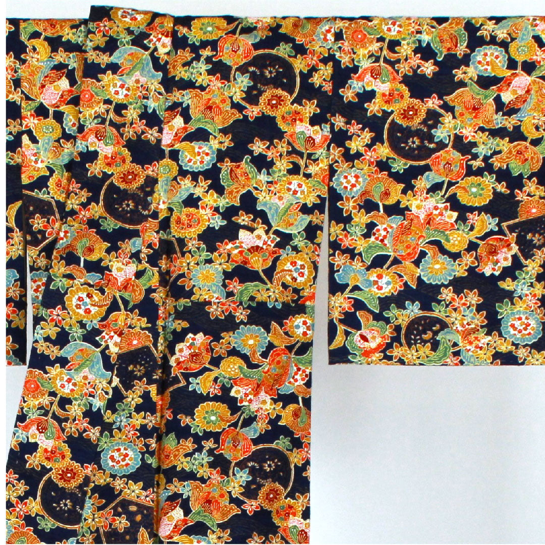 小紋 身丈162.5cm 裄丈63.5cm 袷 草花模様 正絹 Sランク 紺系 1115001422418