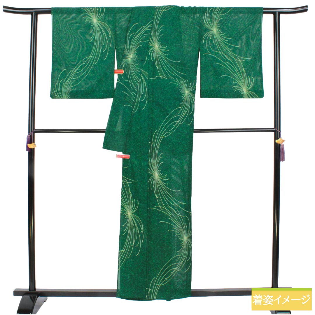 夏物 ポリエステル 小紋 Aランク 身丈157cm 裄丈68.5cm 柚葉色(ゆばいろ) 洗える着物 タタキ染 乱菊 絽 緑系 1132006243319
