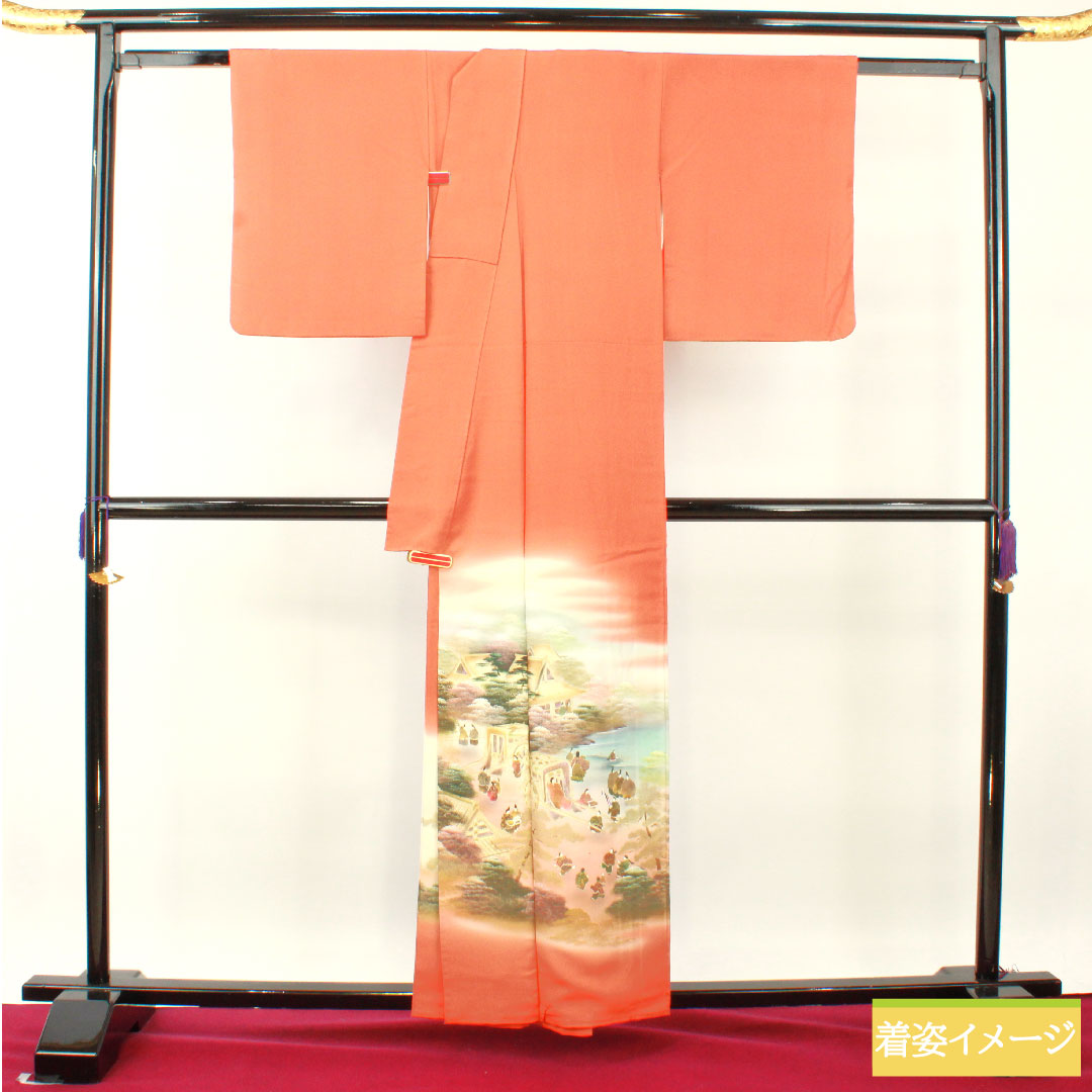 彩色留袖、纯丝、长度 159.5 厘米、袖长 63 厘米、衬里、赤橙色、京友禅、历史人物和风景、一个徽章、刀剑和片刃、S 级、橙色、1111001422326