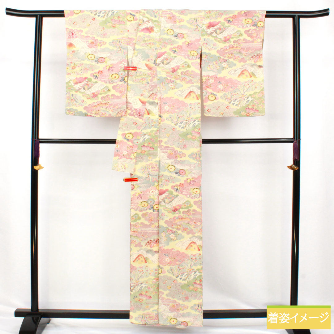 Komon silk, A-rank, length 156cm, sleeve length 58cm, single layer, pale yellow (usukihadairo), Kyoto Bingata, Chaya-Tsuji, cloud pattern, auspicious motif, cream-colored, product number 1115007593315