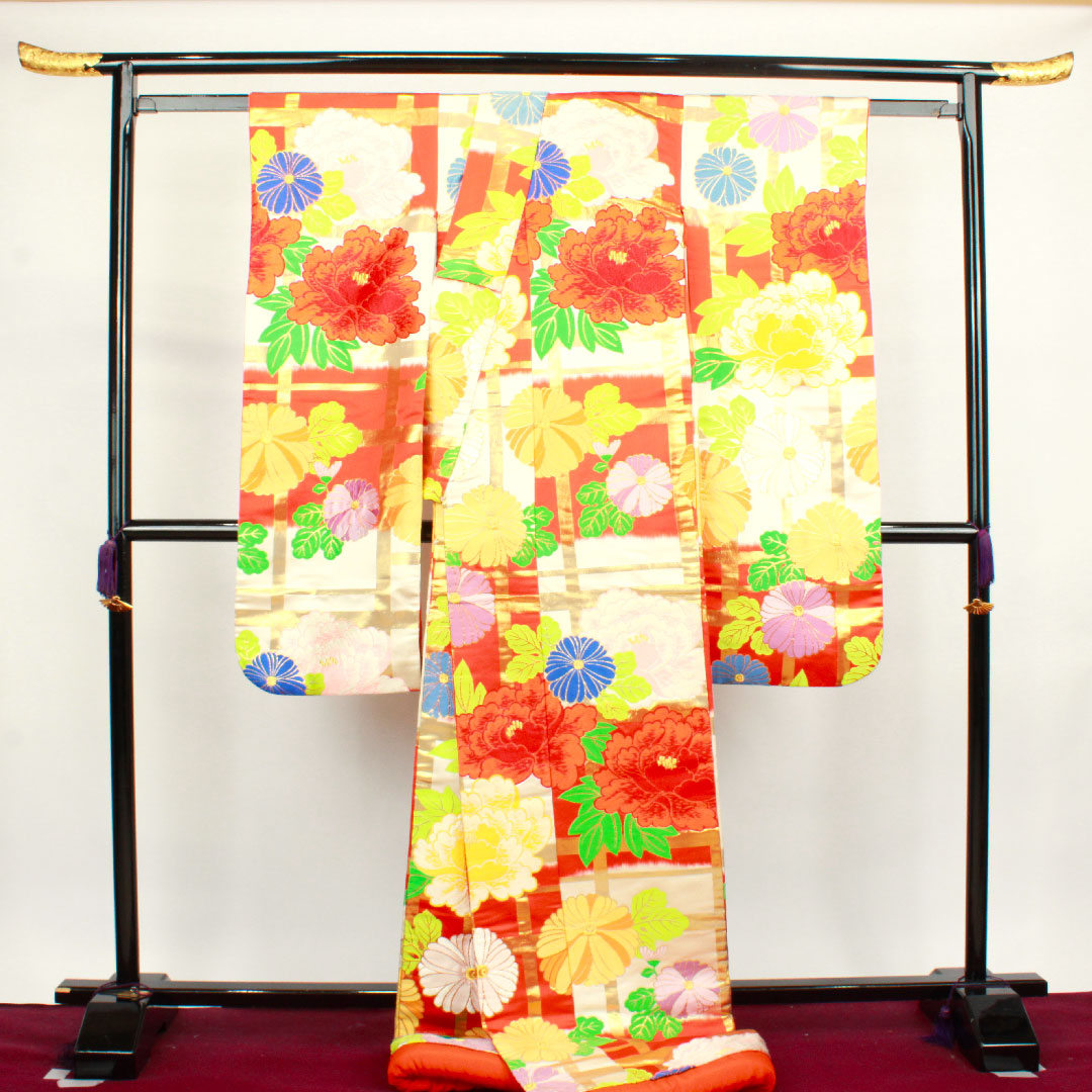 色打掛 身丈185cm 緋色 市松 花模様 正絹 Aランク 袷 朱系 1110000493916