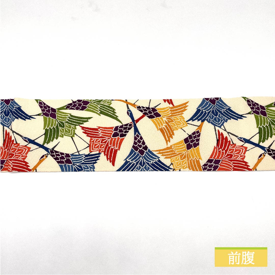 名古屋帯 生成り色(きなりいろ) 鶴 ちりめん地 帯丈368cm 正絹 Aランク 全通 カジュアル 白系 1124006483311 名古屋仕立て