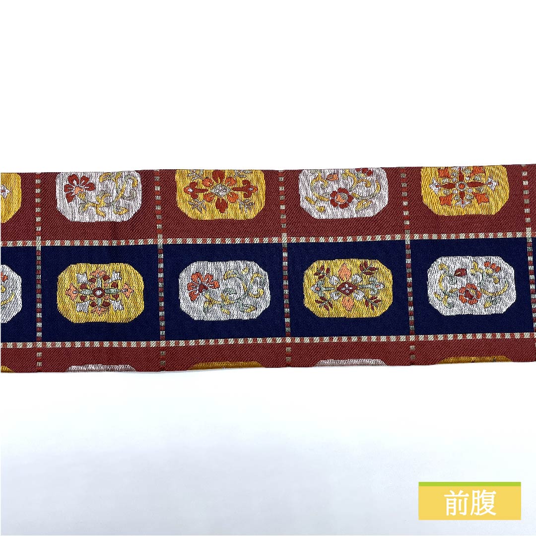 名古屋帯 正絹 蘇芳色(すおういろ) 市松 抽象花模様 帯丈358cm Sランク 六通 カジュアル 茶系 1124006412314 名古屋仕立て