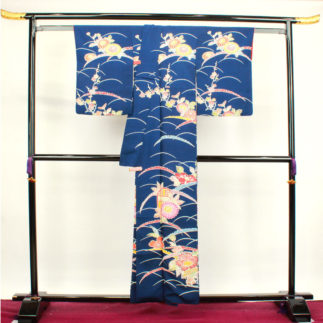 小紋 身丈156.5cm 裄丈62cm 袷 紺藍色 京紅型 菊 露芝 正絹 Sランク 紺系 1115003382318