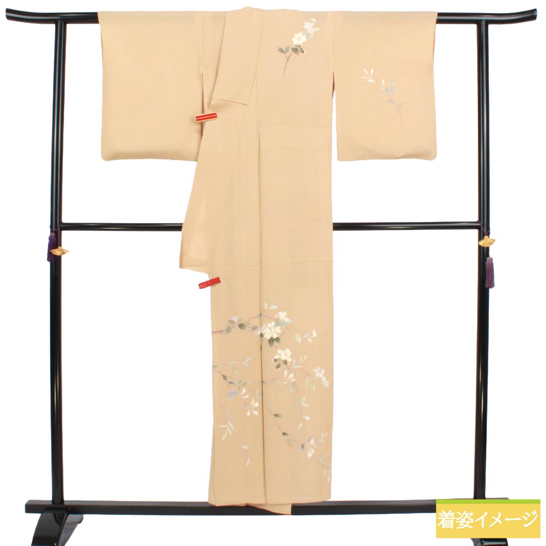 夏物 正絹 付下げ Sランク 身丈150.5cm 裄丈62cm 丁子色(ちょうじいろ) 南克治 加賀友禅 一つ紋 絽 ベージュ系 1132005062125