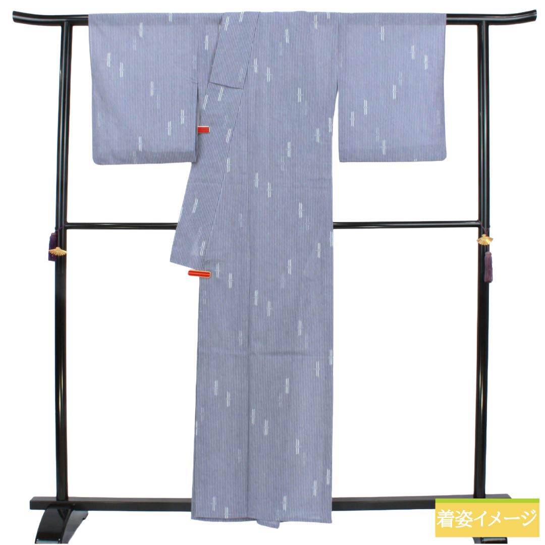 夏物 ポリエステル 紬 Sランク 身丈159cm 裄丈66cm つるば鼠色(つるばねずいろ) 洗える着物 縞 トンボ 紗 グレー系 1132006152322