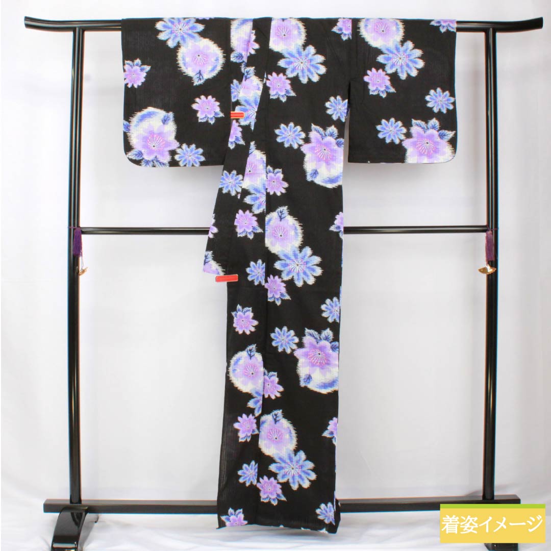 Cotton Yukata, Length 164.5cm, Sleeve Length 66.5cm, S Rank, Single Layer, Black, Abstract Floral Design, 1118005942410