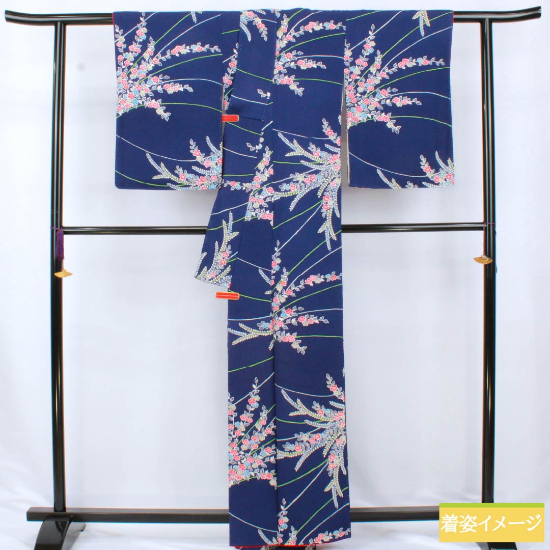 小紋 正絹 Sランク 身丈159.5cm 裄丈63cm 袷 紺色(こんいろ) 型染 草花模様 紺系 1115006842318