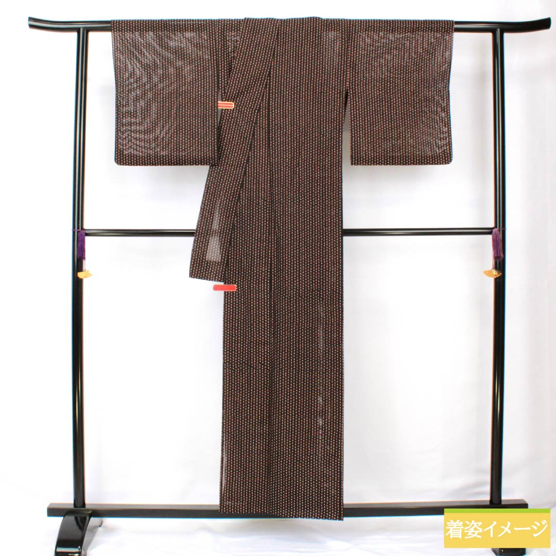 夏物 ポリエステル 小紋 身丈157cm 裄丈63.5cm ドット柄 洗える着物 絽 Aランク 黒系 1132002223310