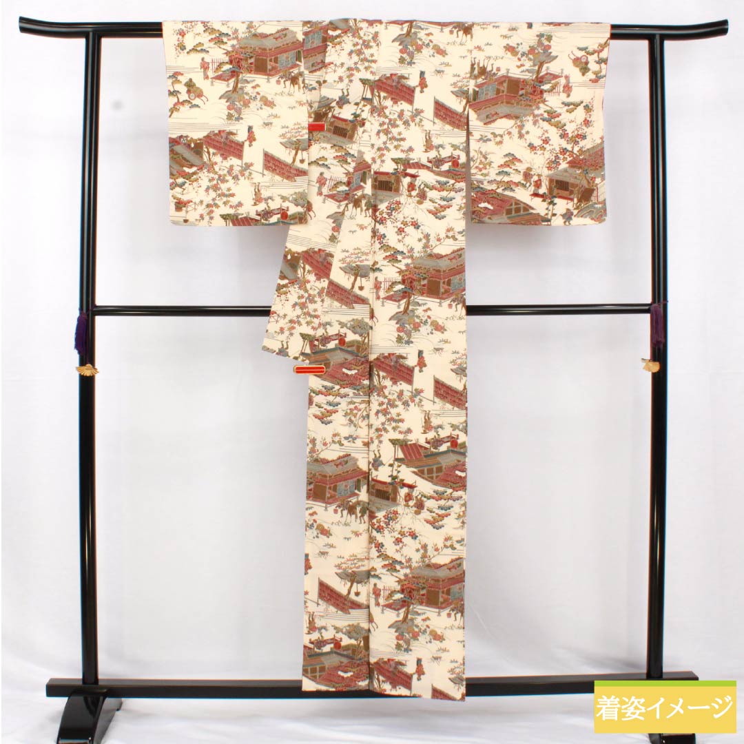 小紋 正絹 身丈156.5cm 裄丈62cm 袷 砥粉色(とのこいろ) 型染 時代絵巻 Bランク クリーム系 1115005054315