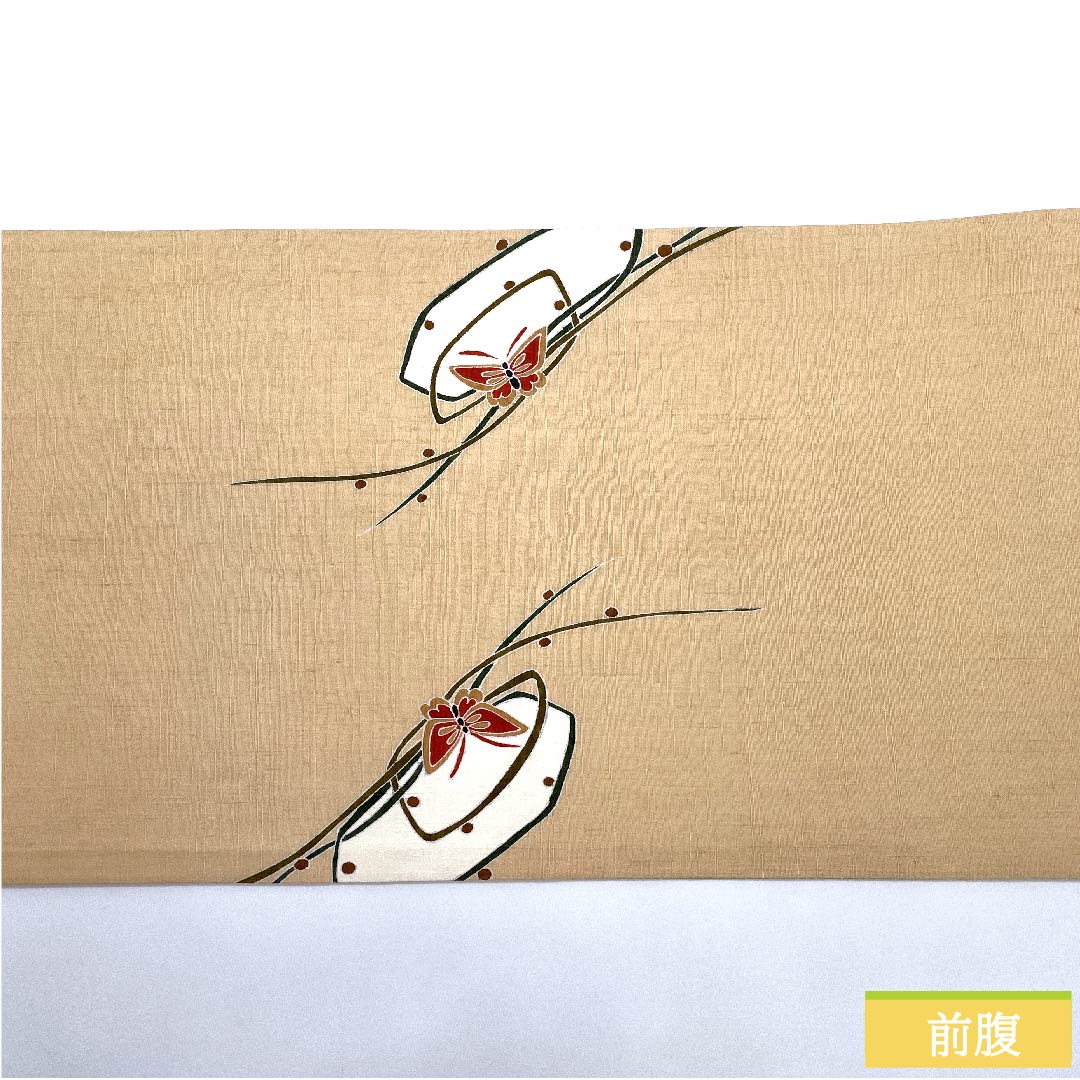 袋帯 薄柿色(うすがきいろ) 蝶 染め帯 紬地 帯丈462cm 正絹 Sランク ポイント柄 カジュアル 橙系 1123010622426