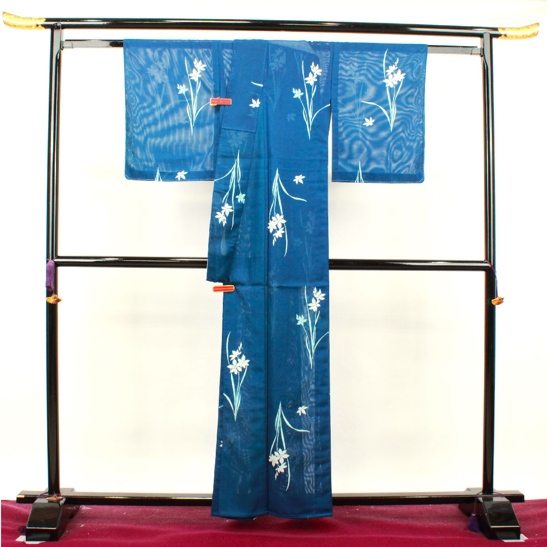 夏物 ポリエステル 小紋 身丈160cm 裄丈63cm 呉須色(ごすいろ) タマスダレ しつけ糸付き 未使用品 絽 Sランク 青系 1132000962417