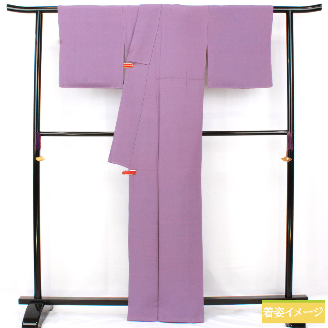 色無地 正絹 身丈164cm 裄丈68cm 葵色(あおいいろ) 紬地 一つ紋 丸に三ツ星 袷 Aランク 紫系 1114001933420