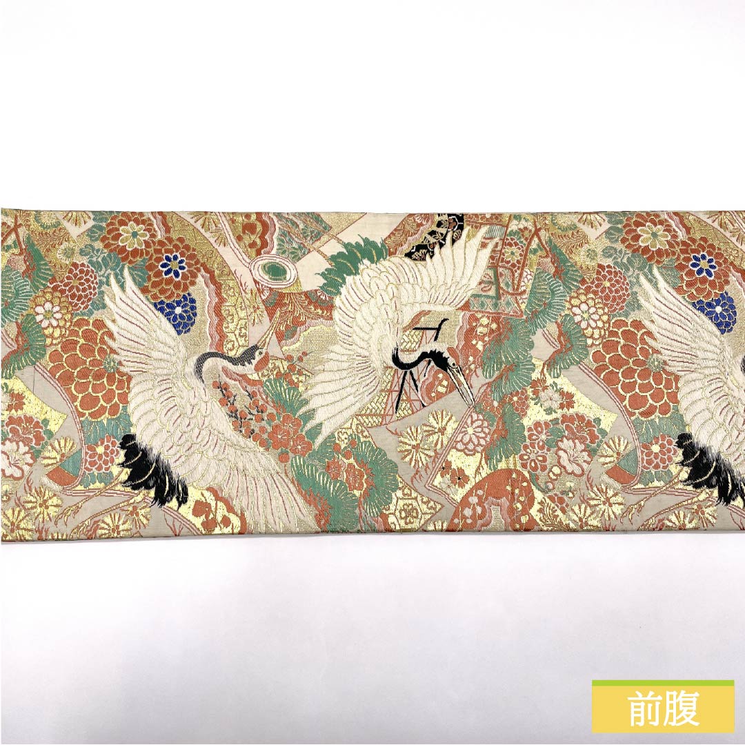(丸帯)袋帯 正絹 Aランク 丸帯 留袖用 古典柄 鶴 菊 帯丈376cm 全通 フォーマル 金系 1123015773321