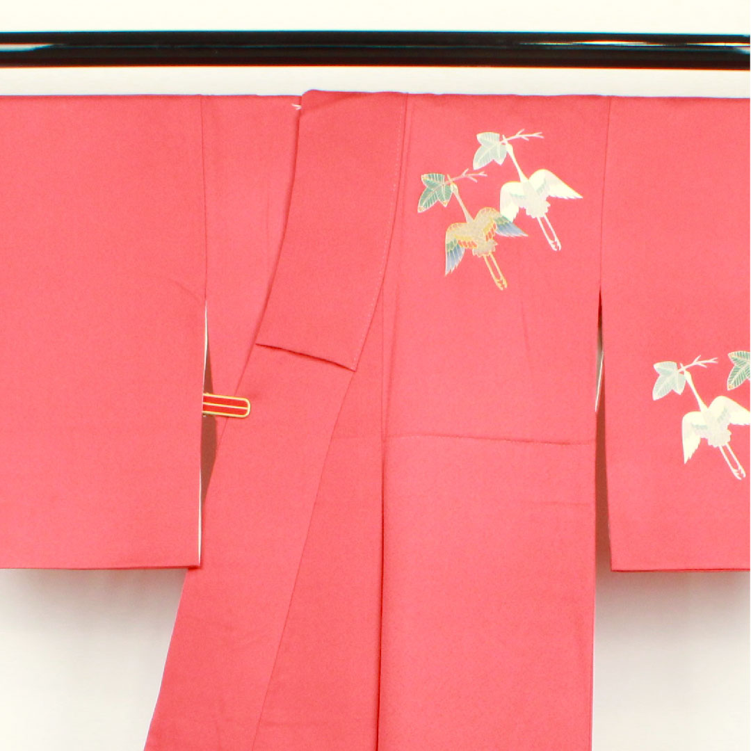 Homongi, lined, length 155cm, sleeve length 59cm, crimson silk, Kyo-Yuzen, crane, pure silk, A rank, red, 1112001863312