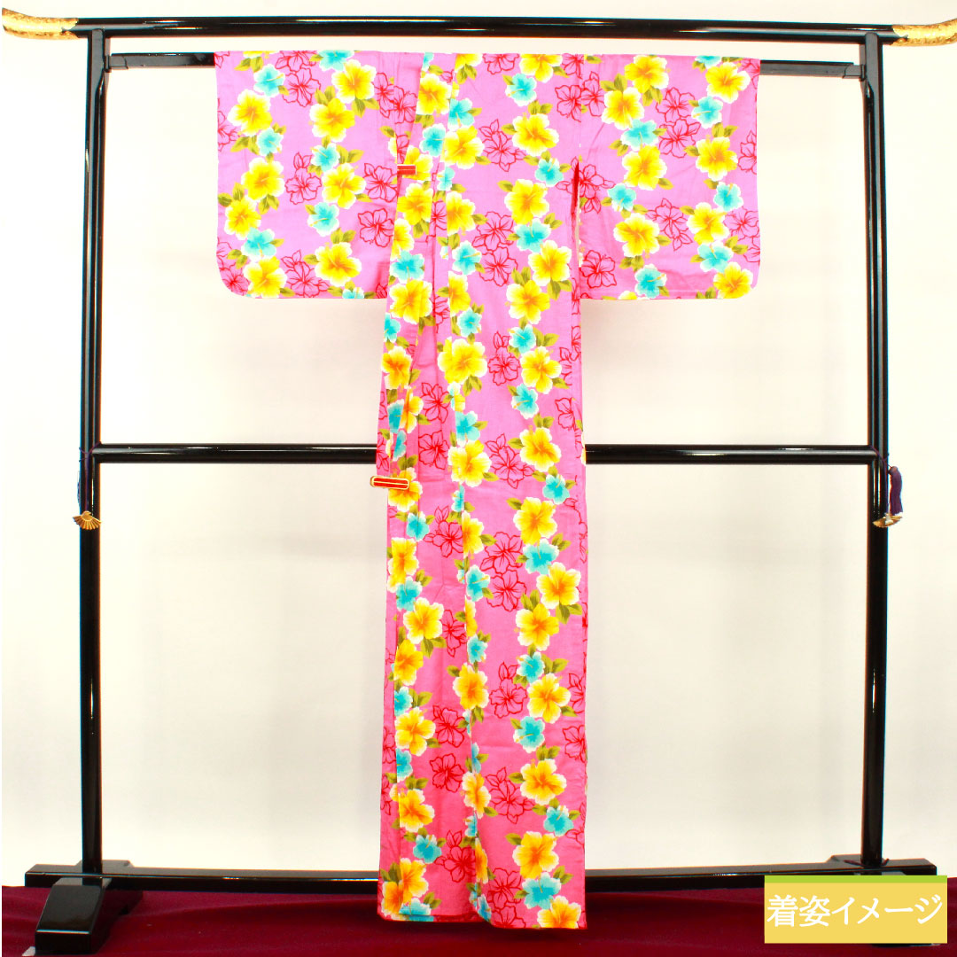 Yukata Cotton Length 162cm Sleeve length 66.5cm S rank Single layer Pink Hagi-iro (Hagi-iro) Hibiscus 1118005072413