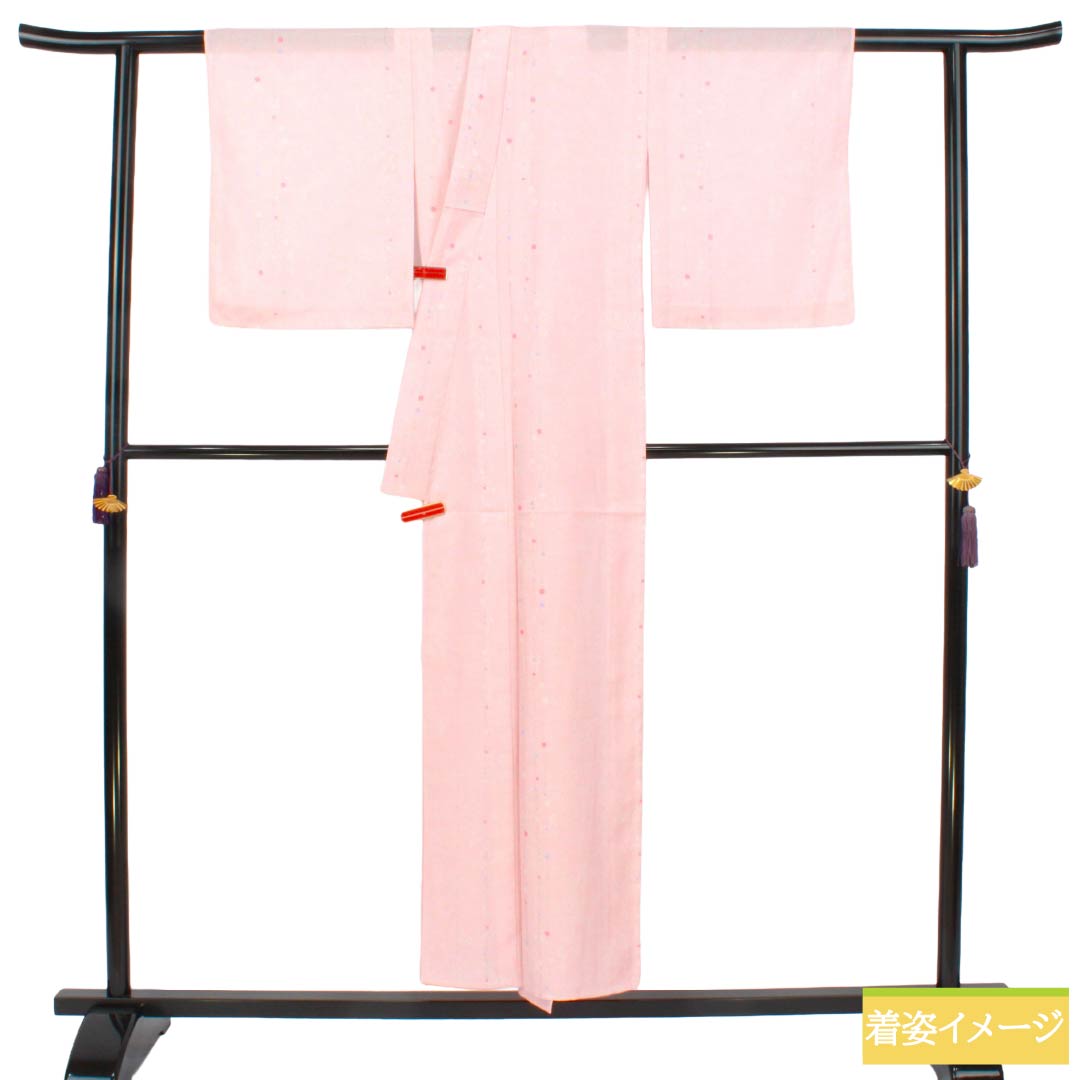 夏物 ポリエステル 小紋 Sランク 身丈152cm 裄丈62.5cm 曙色(あけぼのいろ) 洗える着物 草花模様 絽 ピンク系 1132007152213