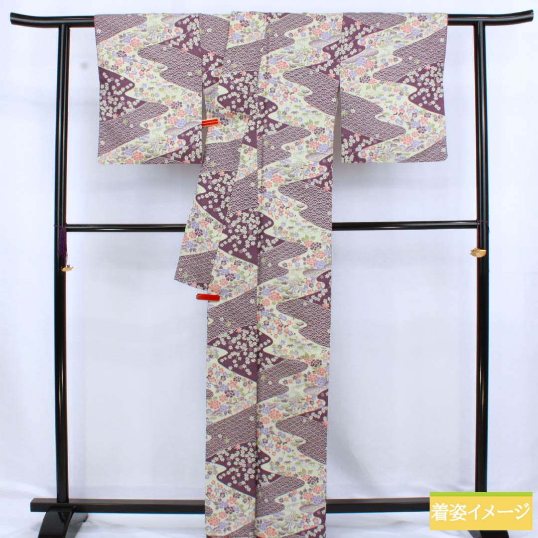 小紋 ポリエステル Sランク 身丈164cm 裄丈65.5cm 袷 古代紫色(こだいむらさきいろ) 古典柄 洗える着物 紫系 1115006782420