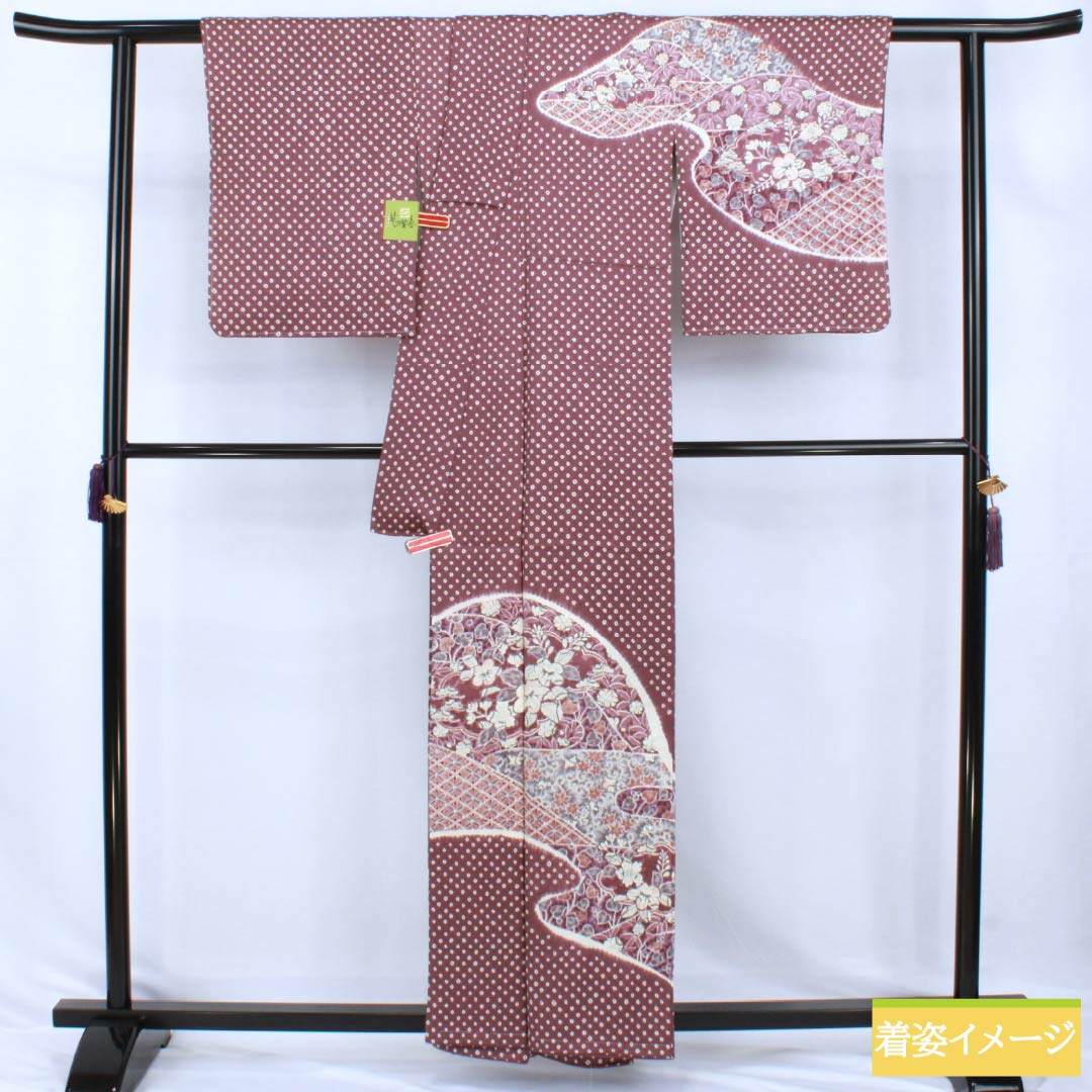 Homongi Silk S-Rank Lined 158cm (height) 64cm (sleeve to sleeve) Peony Grey Shibori Tsujigahana With basting thread Purple system 1112007732320