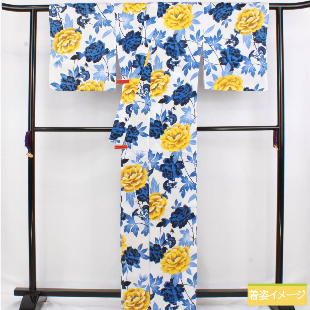 (新品未使用品)浴衣 木綿 身丈163.5cm 裄丈69cm NEWランク 単衣 白系 型染 牡丹 未使用品 1118006801411